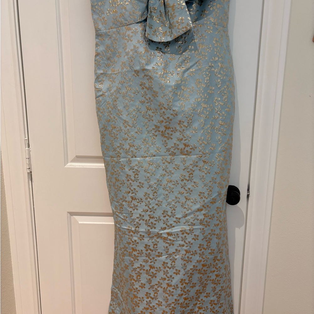 Lilly Pulitzer Strapless Light Blue Dress with Gold Floral Jacquard - Picture 2 of 9